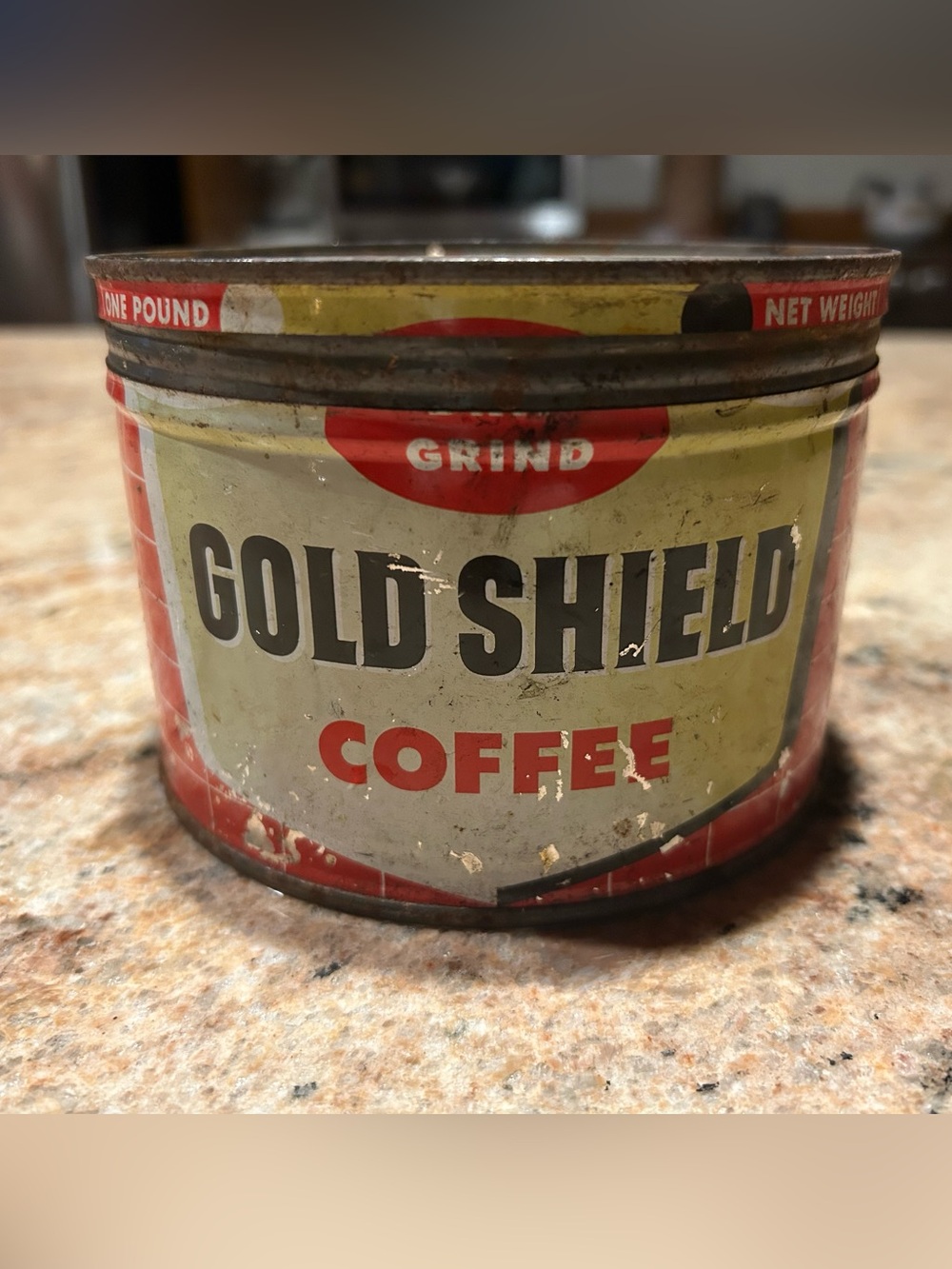 Vintage Lang & Co. โGold Shieldโ Seattle WA 1lb Drip Grind Coffee Tin (Key Wind)